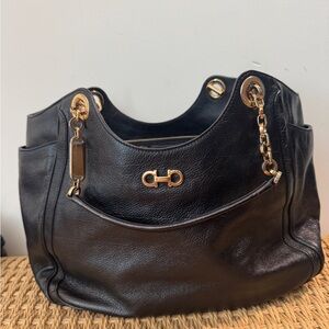 Salvatore Ferragamo Black Leather Shoulder Bag with Gold Chain